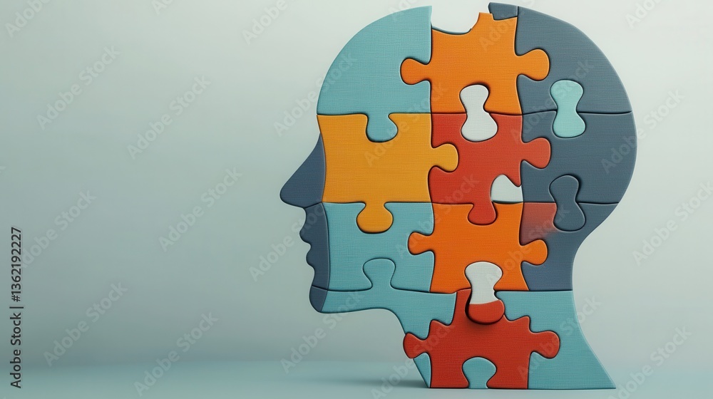 Poster puzzle pieces forming the shape of a human head representing the intricate nature of the mind cognit