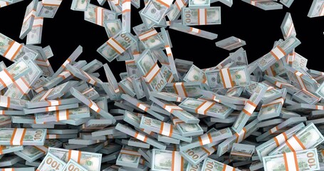 Dollar Packs falling and fill the screen. 3D animation on transparent background