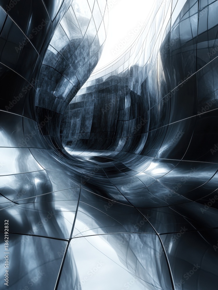 Poster generative ai illustration of abstract background of curved geometric wall and floor made of dark gl