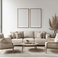Minimalist living room with beige sofa, armchairs, coffee table, and pampas grass.