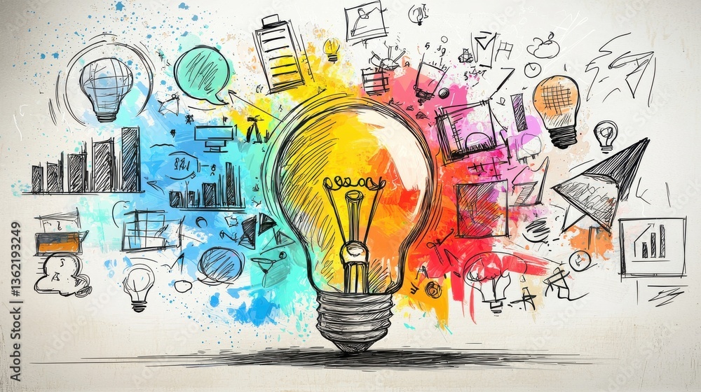 Poster vibrant and imaginative depicting a lightbulb surrounded by various symbols and graphics representin