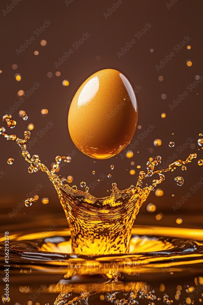 Poster A stunning image of a golden egg splashing in liquid, creating dynamic patterns with vibrant droplets. Perfect for food and art themes.