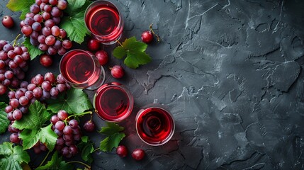 Wineglasses with grapes on gray stone background
