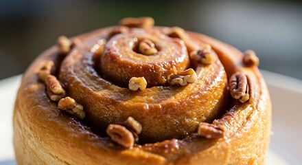 Close-up of Fresh Cinnamon Roll with Pecans Ready to Eat