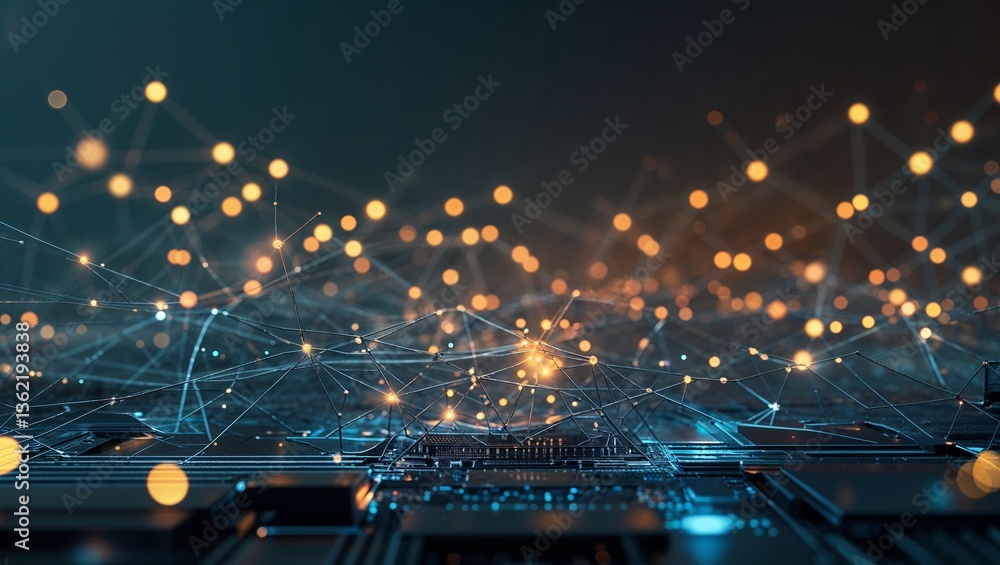 Poster abstract representation of digital connections with glowing lights and circuit patterns in a technol