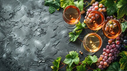 Wineglasses with grapes on gray stone background
