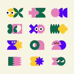 Naive Playful Simple Shapes with Emotions, Vibrant color, Retro Funny Geometric design. Vibrant Trendy Y2k Mental stickers. Vectored Flat design for design, scrapbooking. icons, logotypes