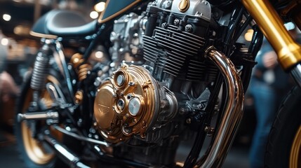 Golden Engine: A Close-Up of a Custom Motorcycle Engine