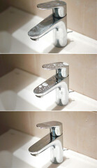 Collage of Cleaning the sink faucet in the bathroom before in the process and after. Washing the...