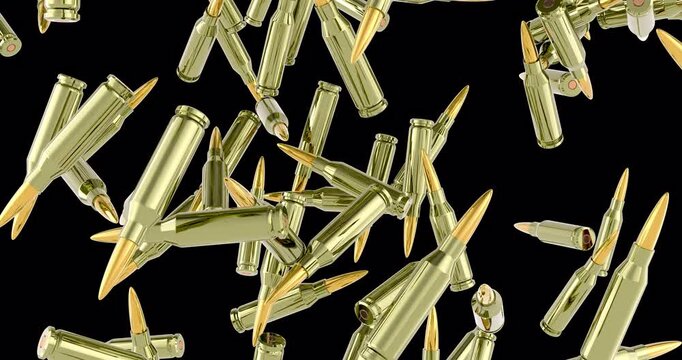 Assault rifle bullets falling down. 3D animation on transparent background