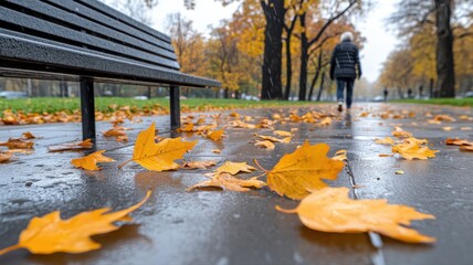 Autumn scene in a park with fallen leaves and a solitary figure walking down a pathway.