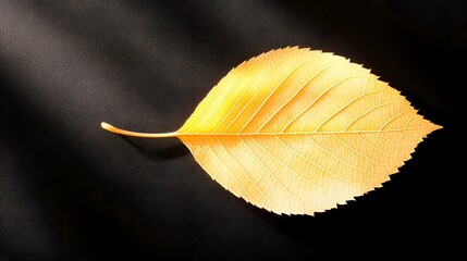 Naklejka premium Closeup of a delicate autumn leaf illuminated by warm backlight that accentuates the intricate vein network and organic imperfections of the natural golden hued foliage