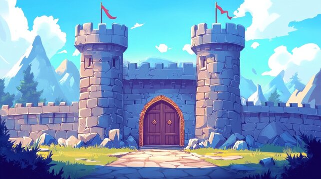 Fantasy medieval castle illustration featuring a stone palace ancient tower and ornate entrance gate designed in a 2D cartoon style suitable for games or graphic projects - Powered by Adobe