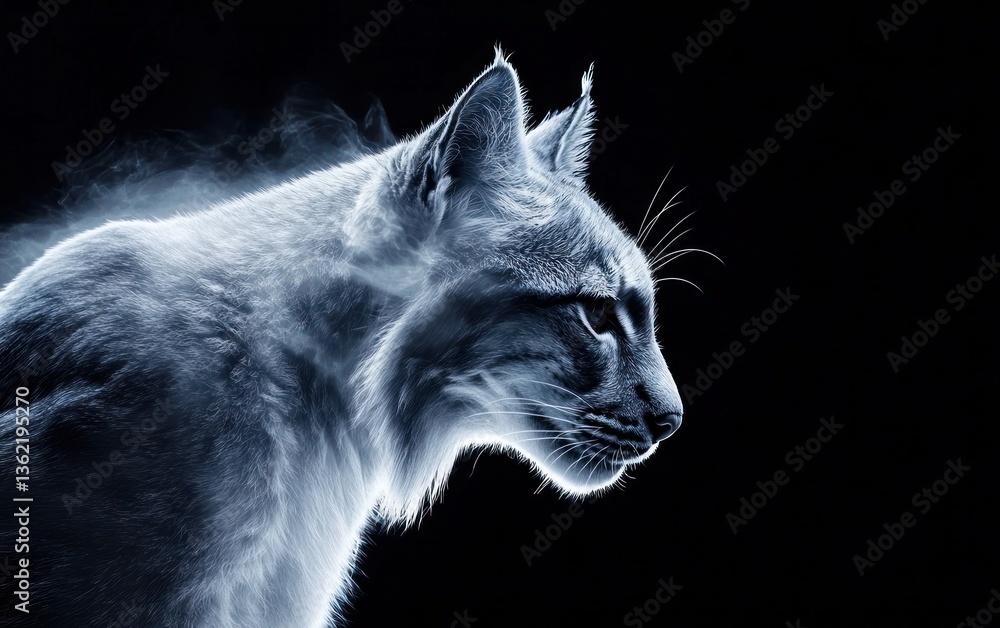 Poster intricate digital rendering of a lynx, depicted in shades of blue and white against a black backgrou