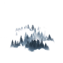 Fototapeta premium A delicate watercolor illustration of misty forest landscapes, showcasing towering trees and ethereal fog, emphasizing the beauty of nature and tranquility.