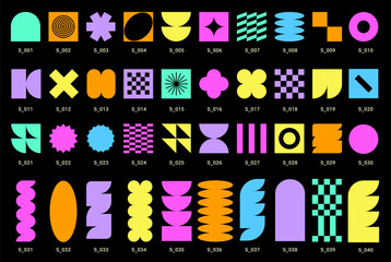 Brutalist Naive Playful Simple shapes, Vibrant color elements, Retro Cyber geometric design. Neon Trendy Y2k stickers. Vectored Flat design, web, scrapbooking. Cyberpunk aesthetic, icons, logotypes