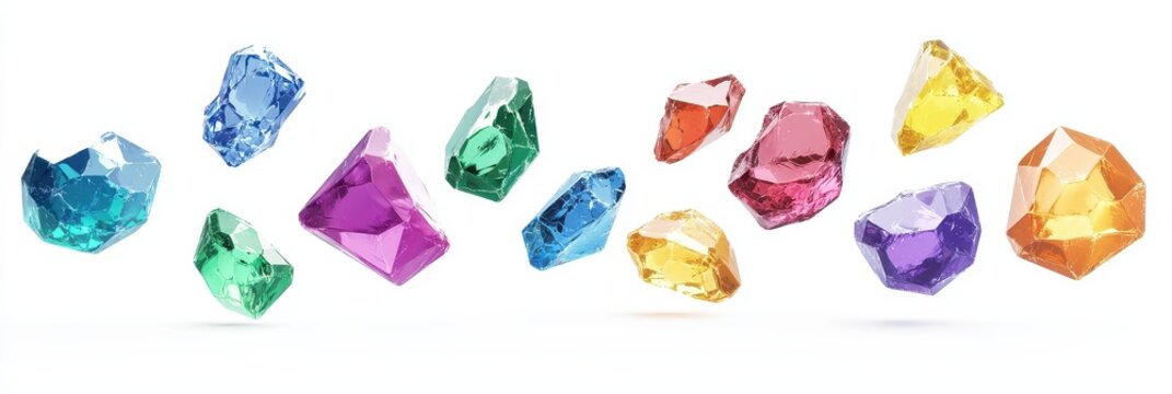Floating cluster of uncut and faceted gemstones in various vibrant colors on a white background