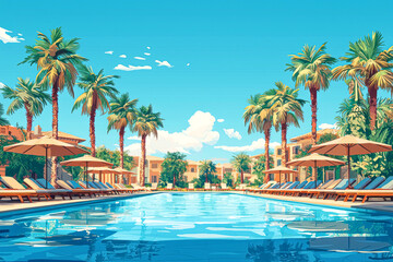 Obraz premium Tropical Paradise: Beachfront Resort Pool with Loungers and Palm Trees under a Clear Blue Sky