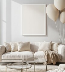 Minimalist living room with beige sofa, blank frame, and balloons.