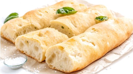 Sliced bread garnished with leaves and a dish of salt presented