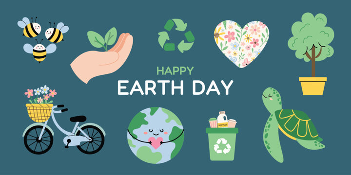 Happy Earth Day postcard with cute eco themed elements. Smiling Earth holding heart, turtle, bees, bicycle, recycle symbol. Eco friendly illustration for April 22 holiday. Flat vector design.