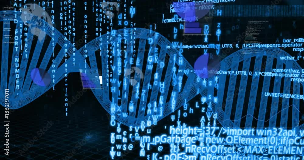 Poster dna strand with binary coding, scientific data processing in animation style
