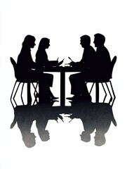 Silhouette of a business team meeting on a plain white background.