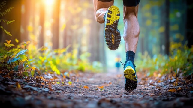 Energetic trail runner moving through a picturesque autumn landscape with sun dappled forest fallen leaves and a winding dirt pathway