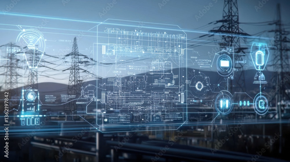 Poster futuristic digital landscape showcasing the intricate network of advanced power transmission towers 