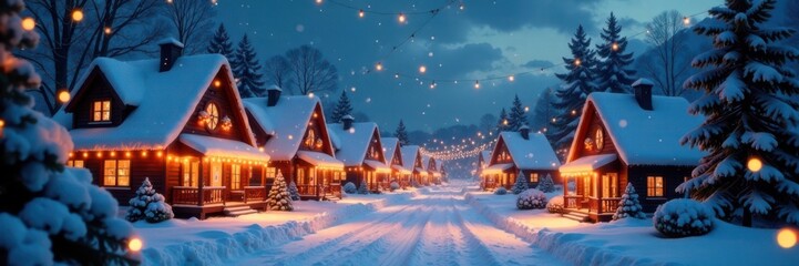 Fototapeta premium Holiday village scene with snowflakes and twinkling lights , snowy, village