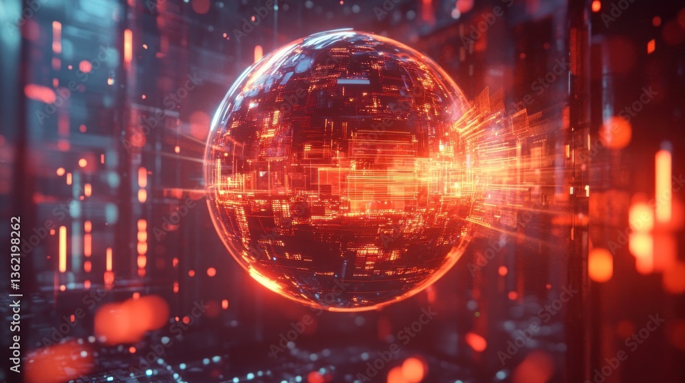 Poster illuminated data sphere radiating digital network energy, future connection