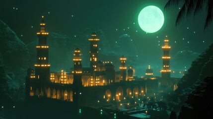 Fototapeta premium Majestic illuminated cityscape under a mystical moonlit sky rendering