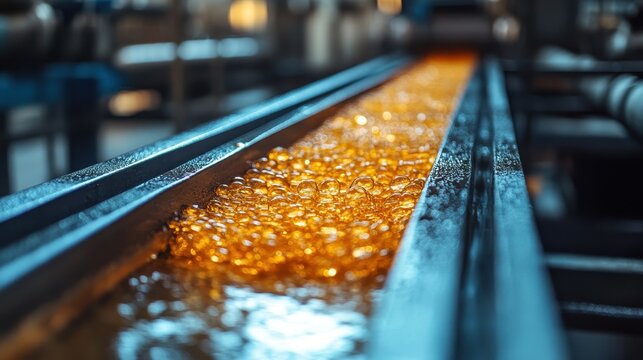Production line transporting liquid amber product for processing and packaging