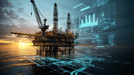 Offshore oil and gas production platform operating at sunset with a digital technology blueprint overlay  showcasing the advanced engineering and analytics involved in energy extraction