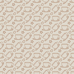 Seamless pattern on the theme of coffee and food with cups, hearts and stars in a minimalist graphic style on a beige background for packaging design, greeting cards, websites and for printing on text