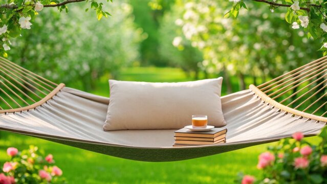 digital detox concept A serene hammock in a lush garden, adorned with a cushion and a drink, inviting relaxation.