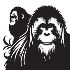 Black Color Orangutan Silhouette Vector Illustration, Solid White Background