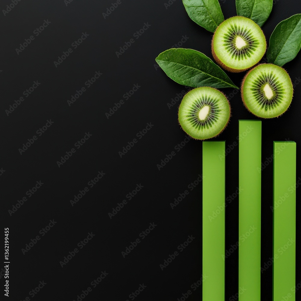 Poster kiwi pattern morphing into bar graphs for performance metrics