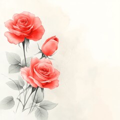 Elegant red roses with buds and leaves on subtle background