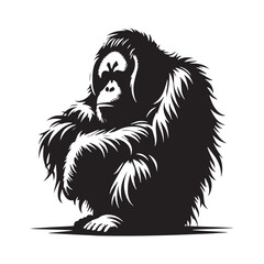 Black Color Orangutan Silhouette Vector Illustration, Solid White Background