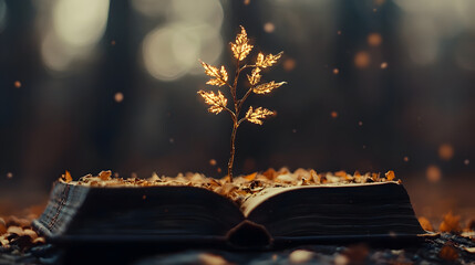 Golden Oak Within: An open book holds a symbolic golden oak, a testament to the growth of knowledge amidst falling leaves in an imaginative forest landscape.