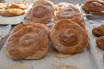 Traditional Mallorcan Ensaimadas on a Bakery Display