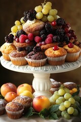 An elegantly presented assortment of muffins adorned with ripe fruits on a pedestal.