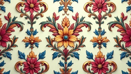 Intricate floral damask pattern in muted tones, background, textile, flower