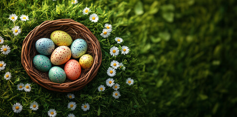 Świąteczny koszyczek ze święconką stoi na wiosennej łące. Dużo miejsca na tekst, tło kartki świątecznej lub strony internetowej. 