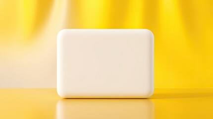 White rectangular object with rounded edges on yellow surface