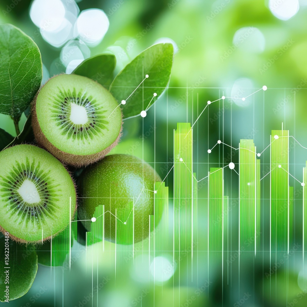 Poster kiwi pattern morphing into bar graphs for performance metrics