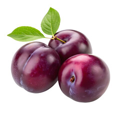 Three plump, purple plums with green leaves on  Transparent background.