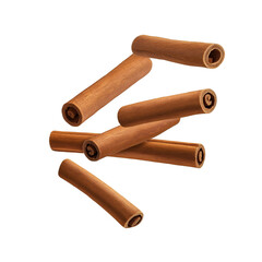 Flying cinnamon sticks on transparent background, cutout, PNG format.