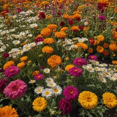 A colorful mix of daisies, marigolds, and roses growing in neat rows on a beautiful farm.